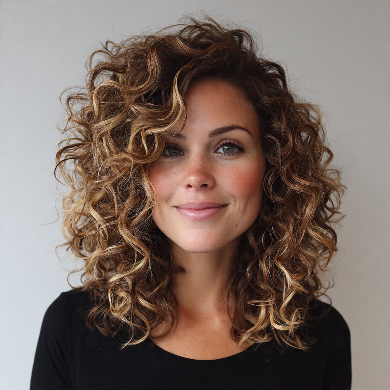 Curly Shoulder Length Cut with Highlights