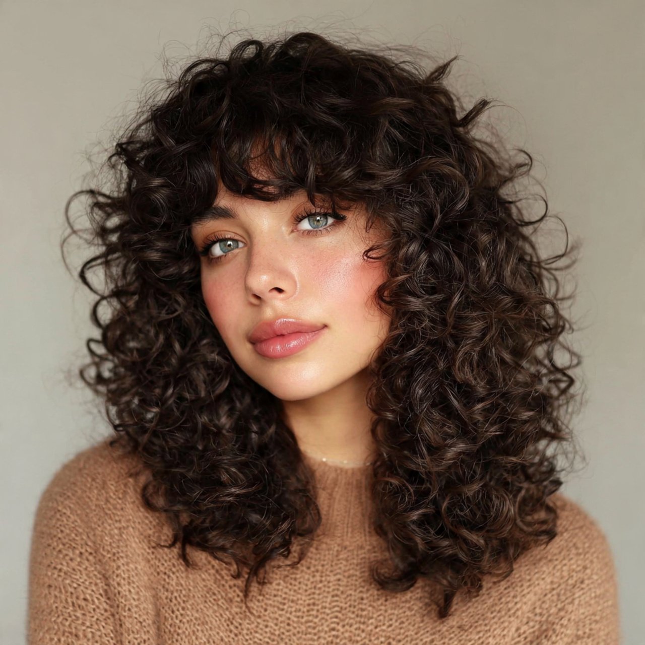 cute curly hair with bangs