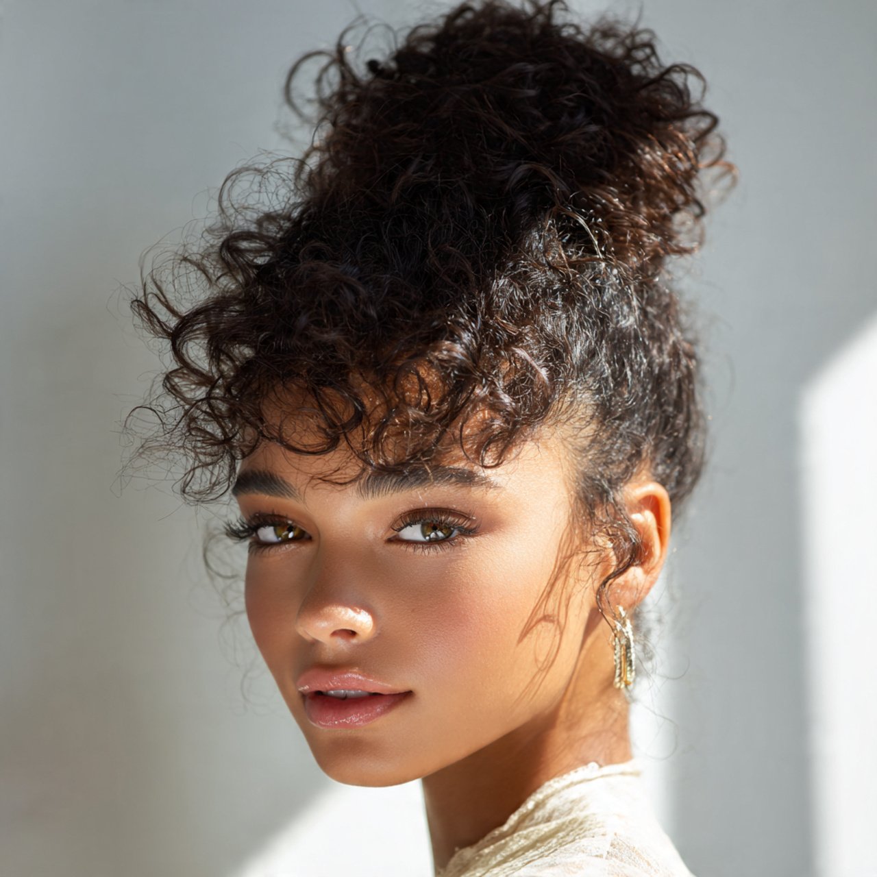 a beautiful pineapple updo hairstyle on a young wo