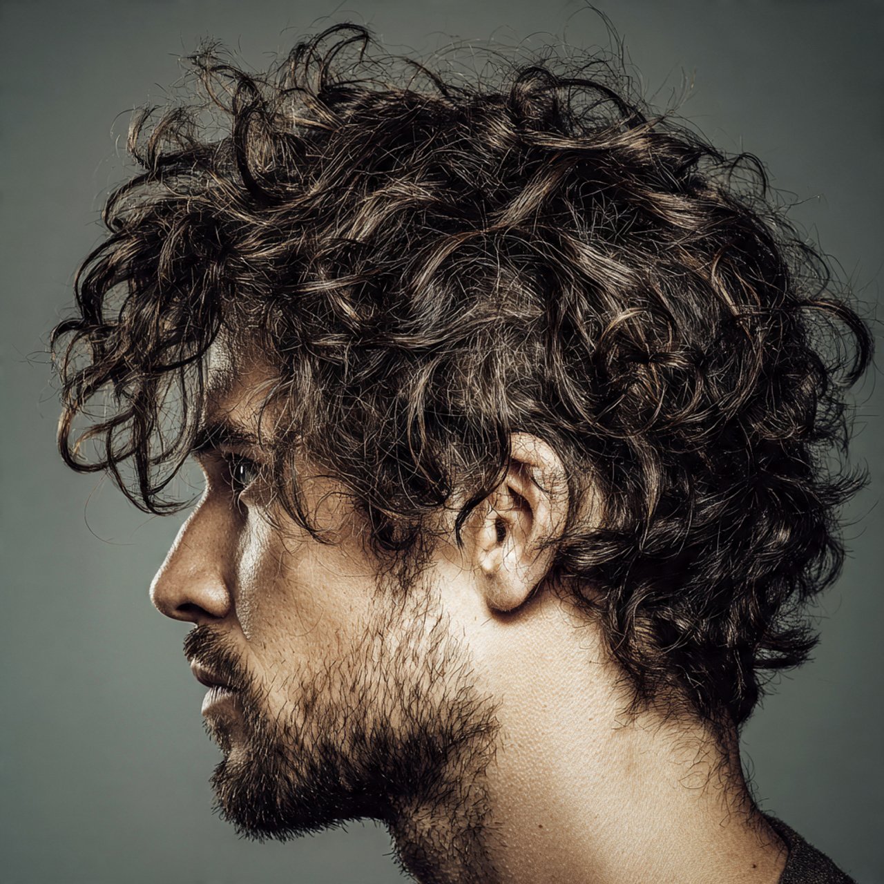 a single portrait of a man with messy curly hair h