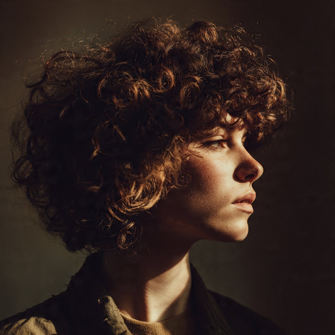 a single portrait of a person with a messy curly w