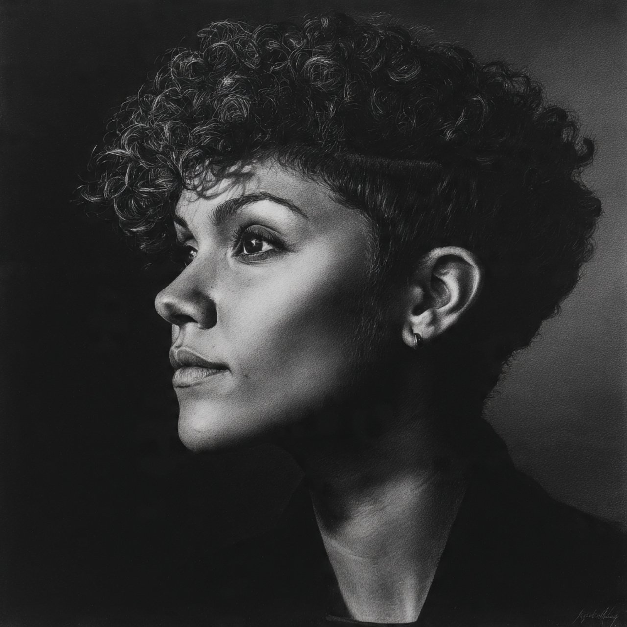 a single portrait of a person with a short curly h