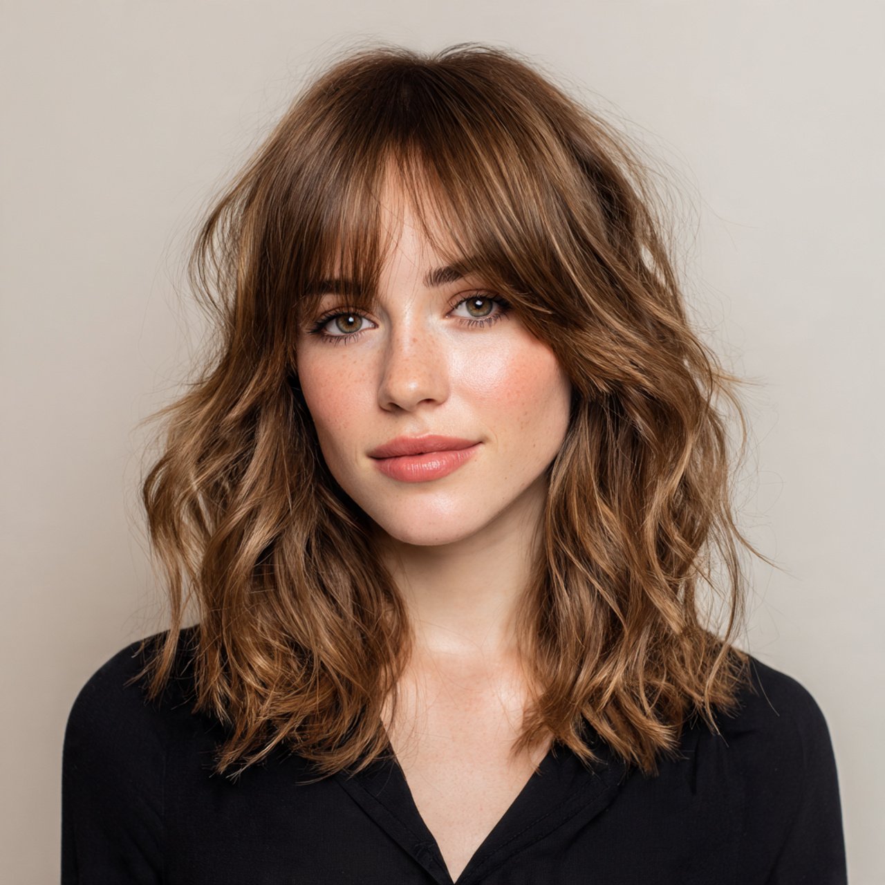 a single portrait of a woman with a wavy lob hairs