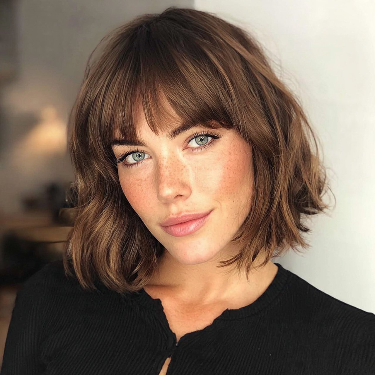 angled bob with curtain bangs hairstyle