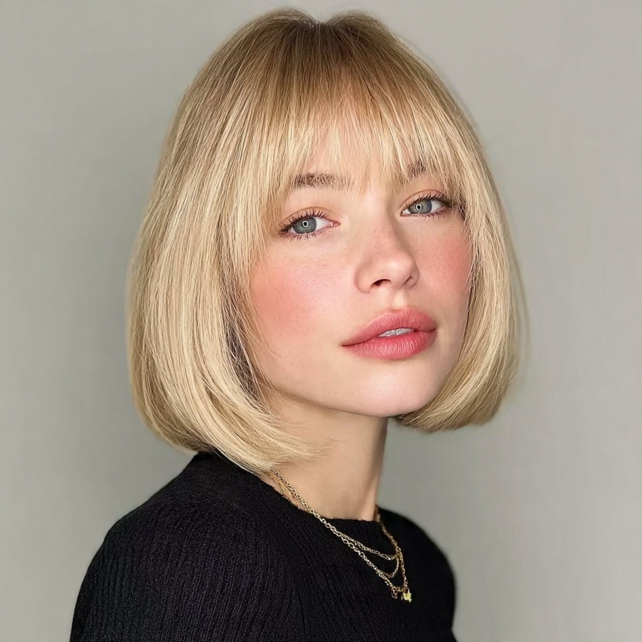 blunt cut bob with curtain bangs hairstyle