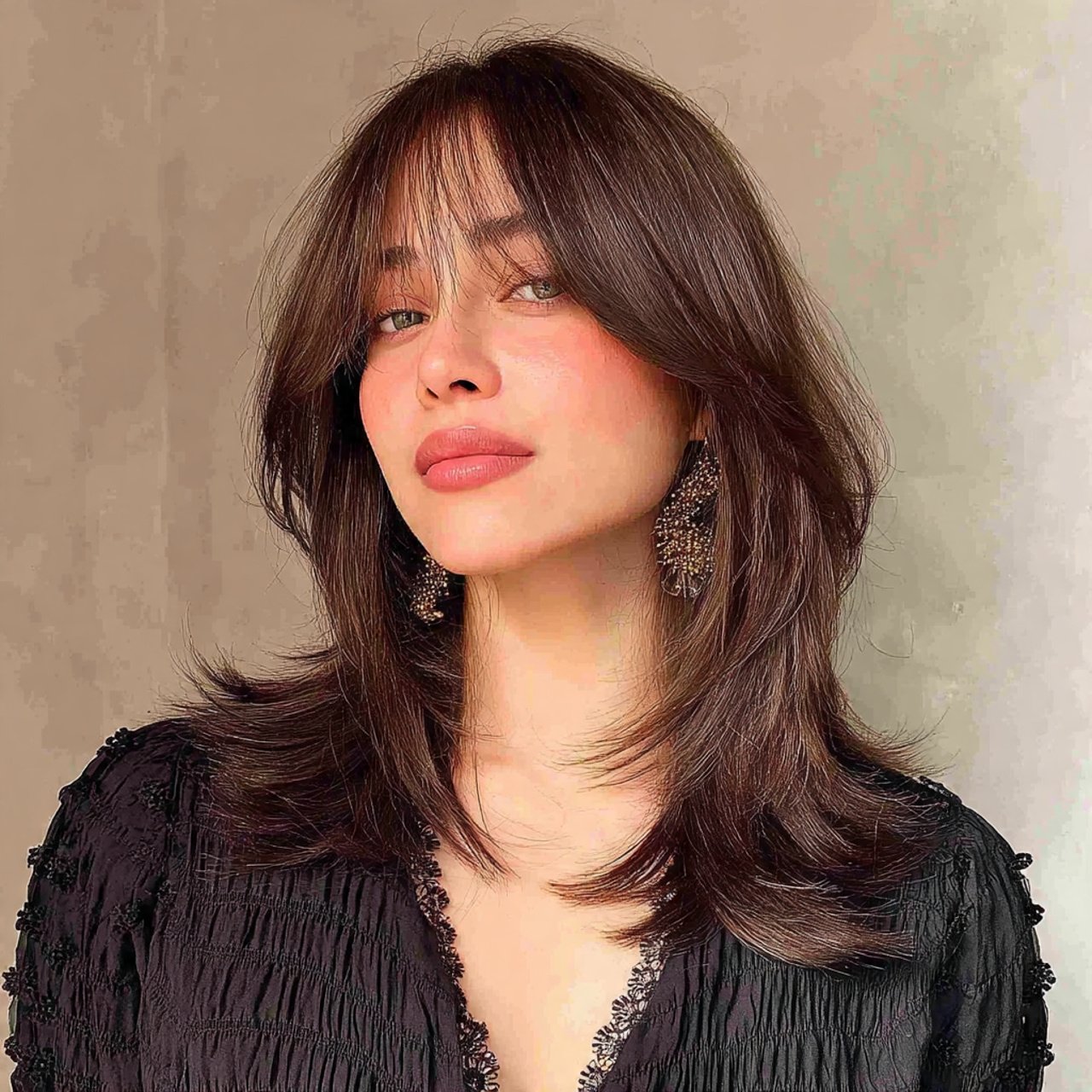 blunt medium length hairstyle with defined curtain