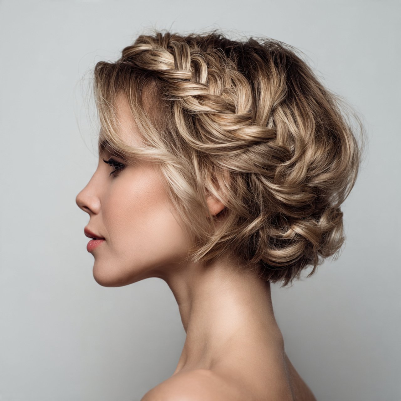 braided crown hairstyle on short hair elegant updo