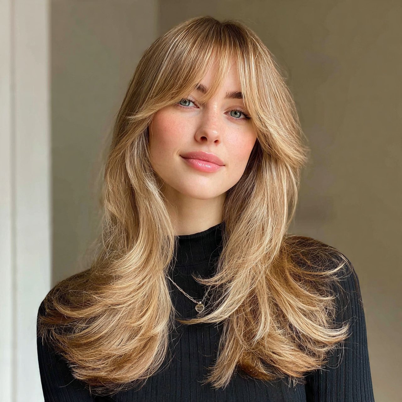 classic hairstyle for long curtain bangs