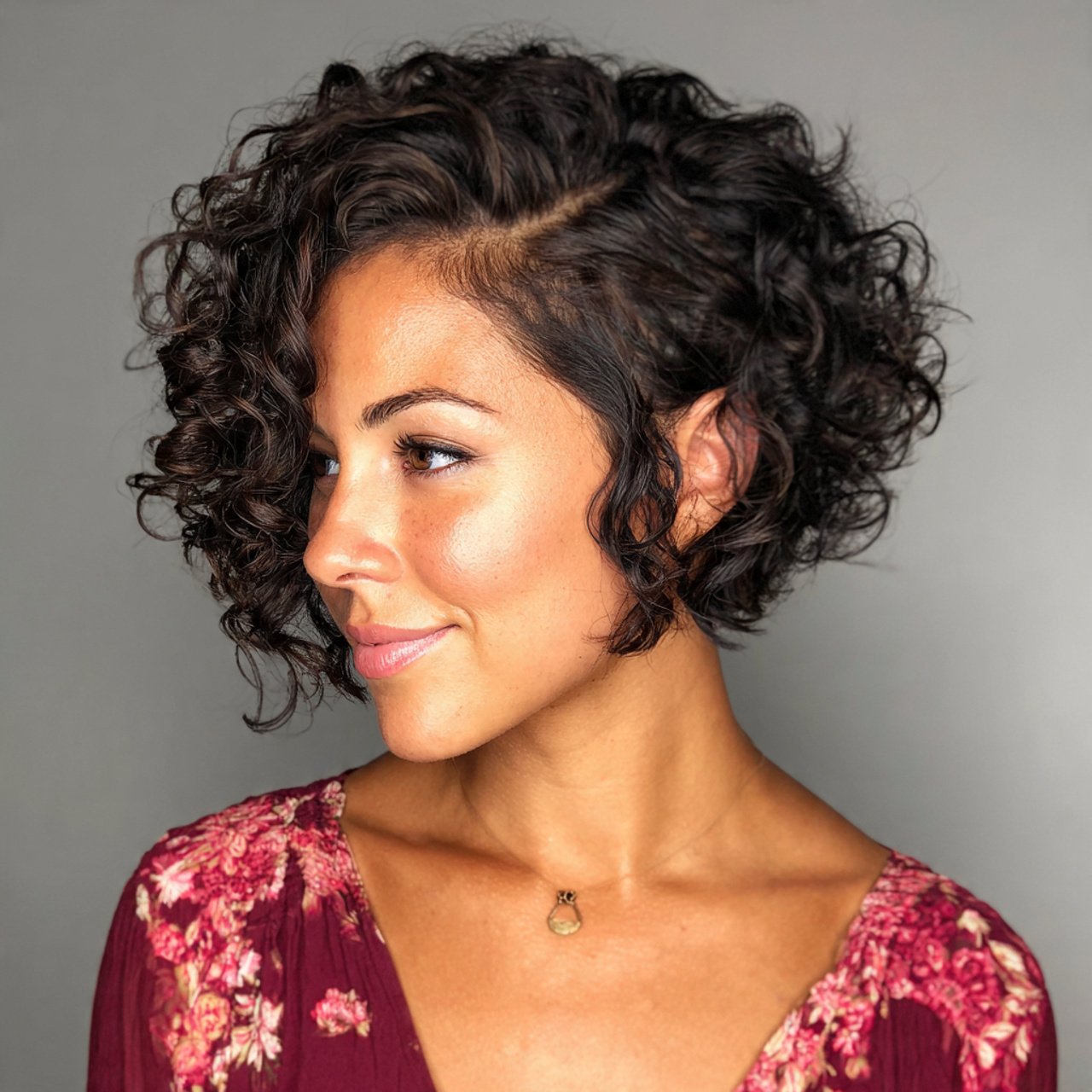 curly bob with deep side part hairstyle