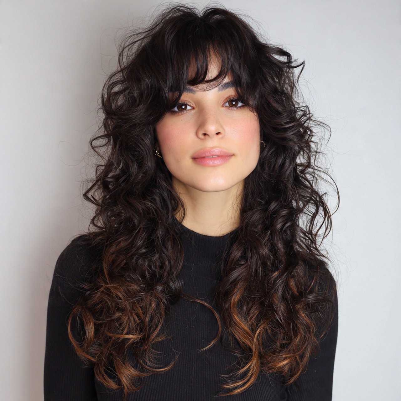 curly curtain bangs with face framing layers hairs