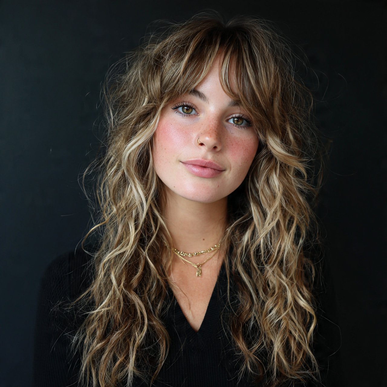curly curtain bangs with highlights hairstyle