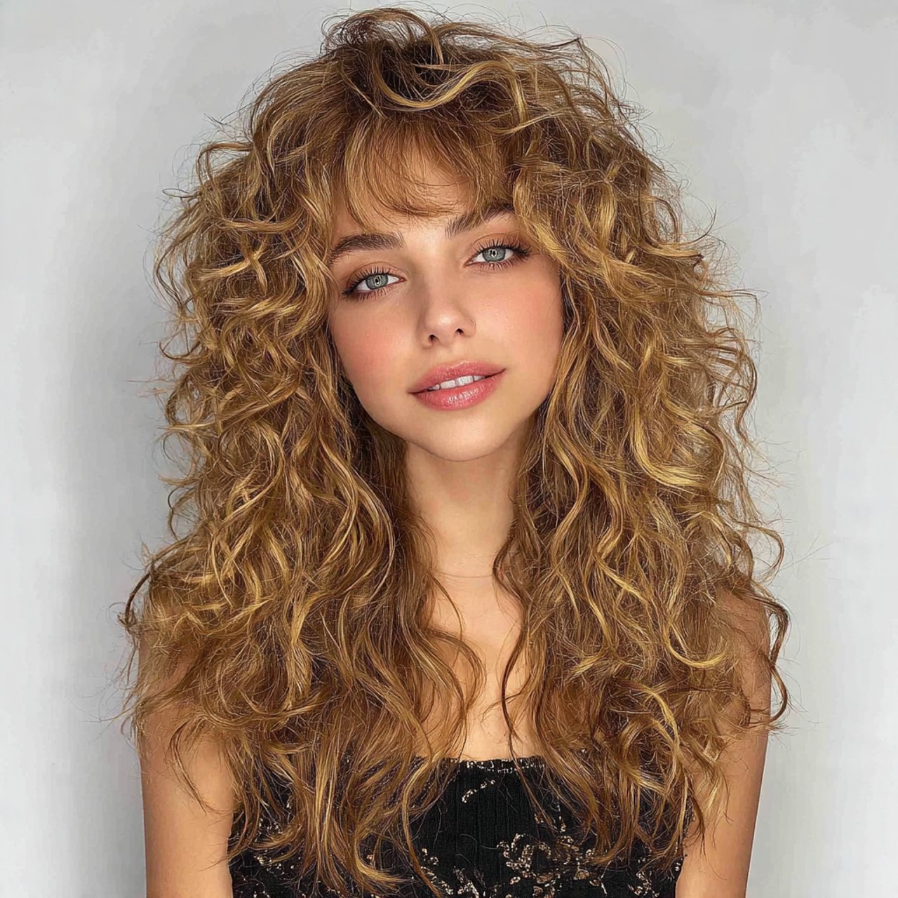 curly curtain bangs with layers hairstyle
