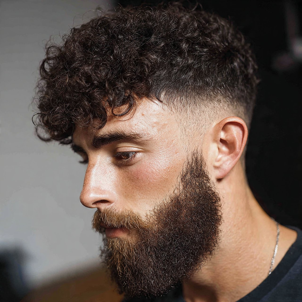 curly fade with beard for men