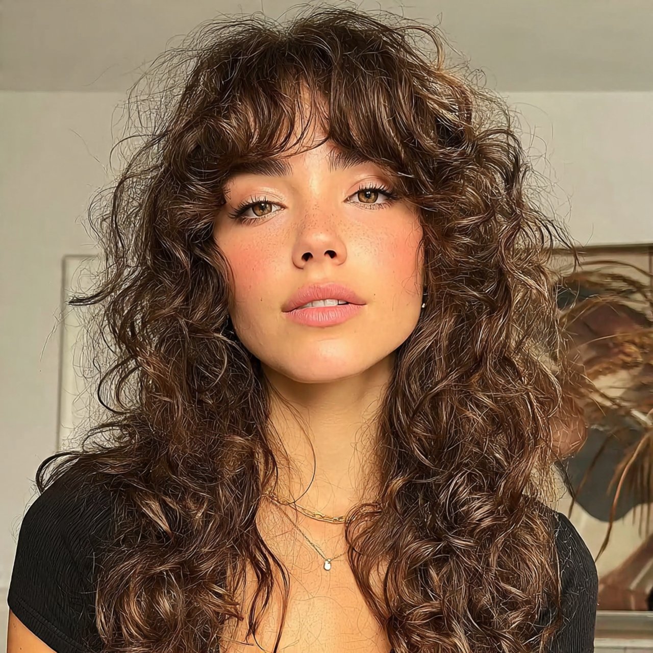 curly hairstyle with curtain bangs