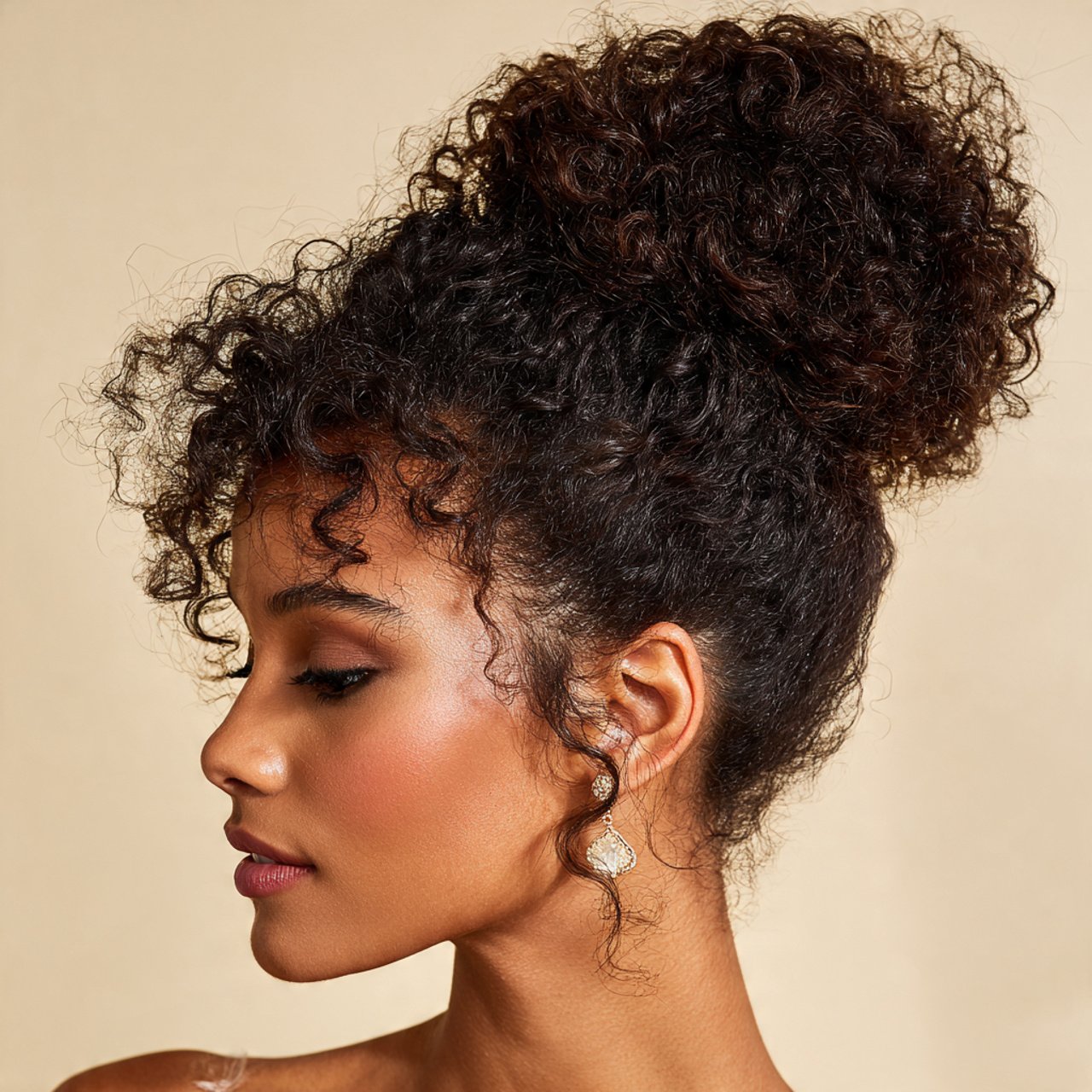 curly high bun hairstyle natural textured curls ga