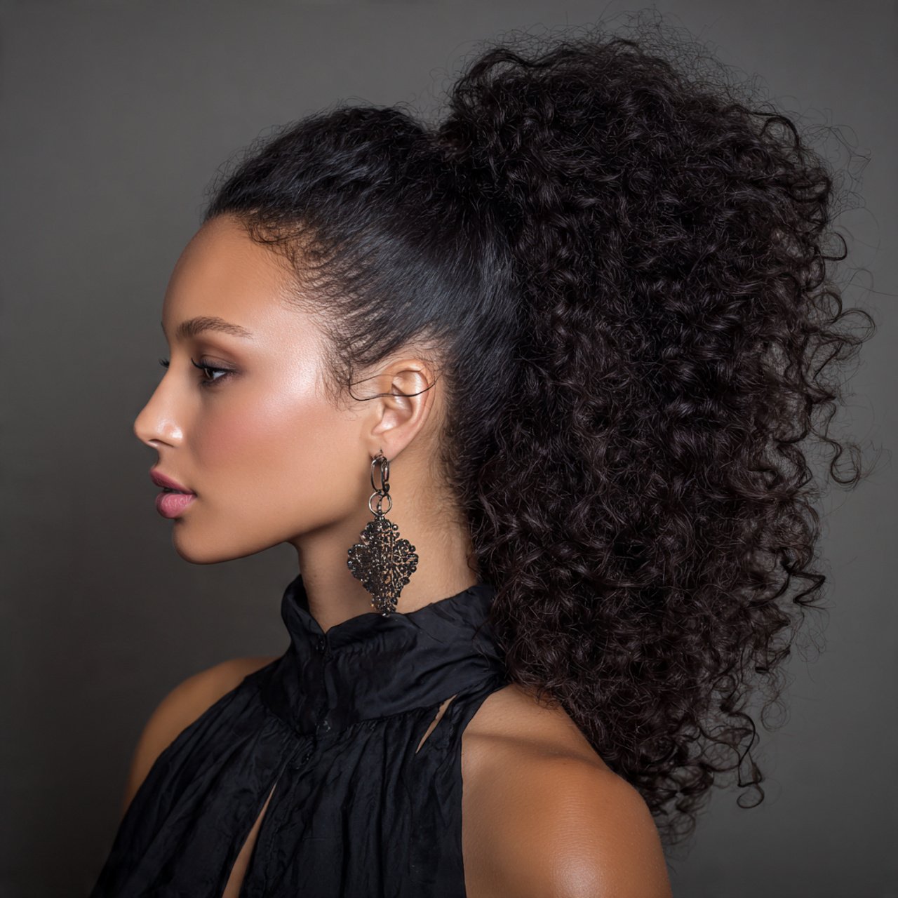 curly ponytail hairstyle with a deep side part vol