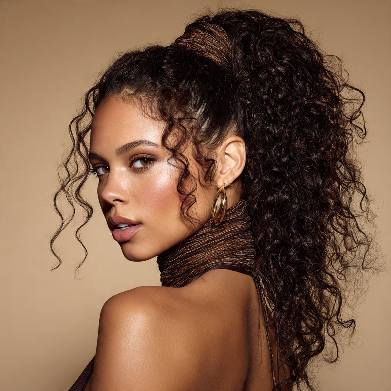 curly ponytail hairstyles with hair wrap detailed