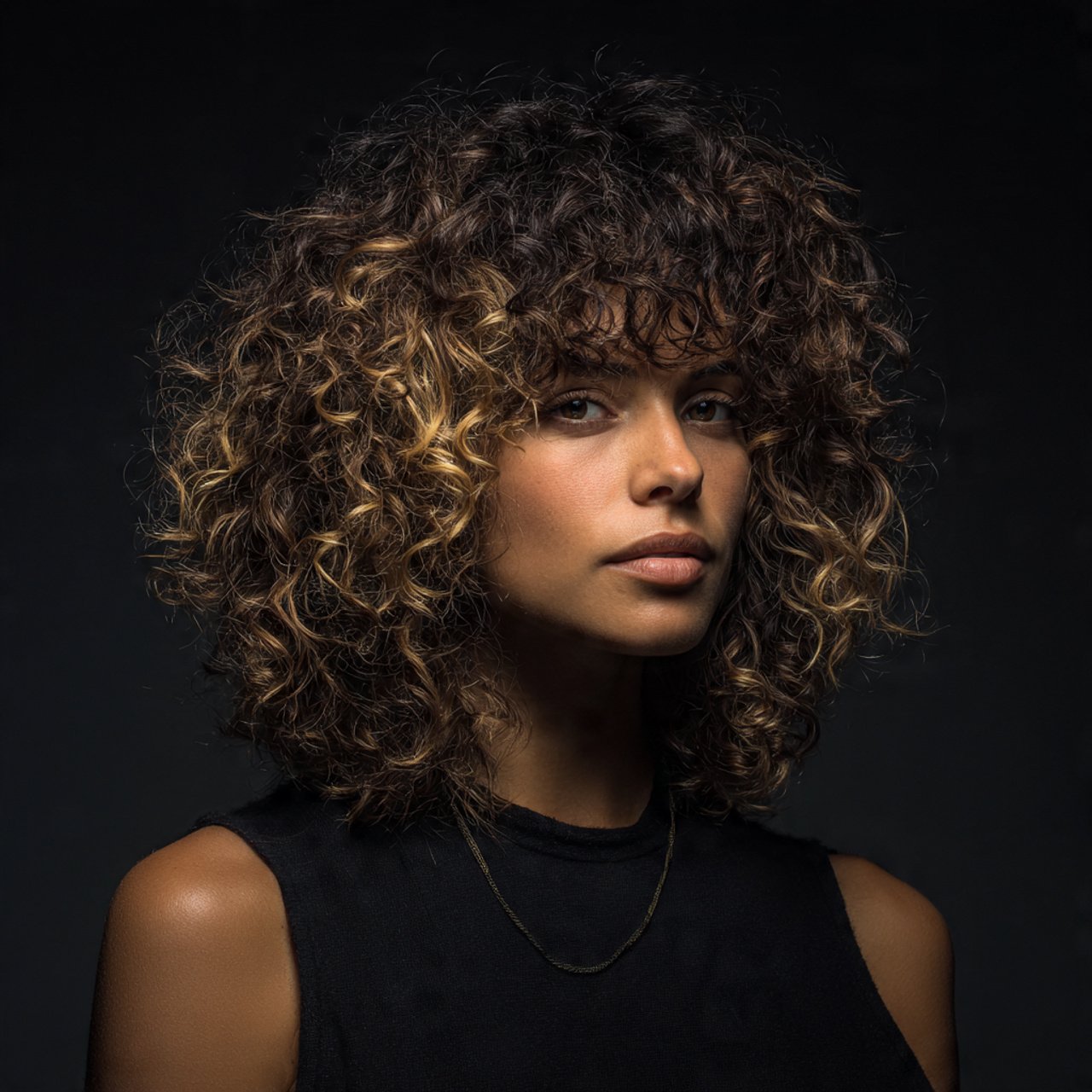 curly wolf cut hairstyle with balayage highlights