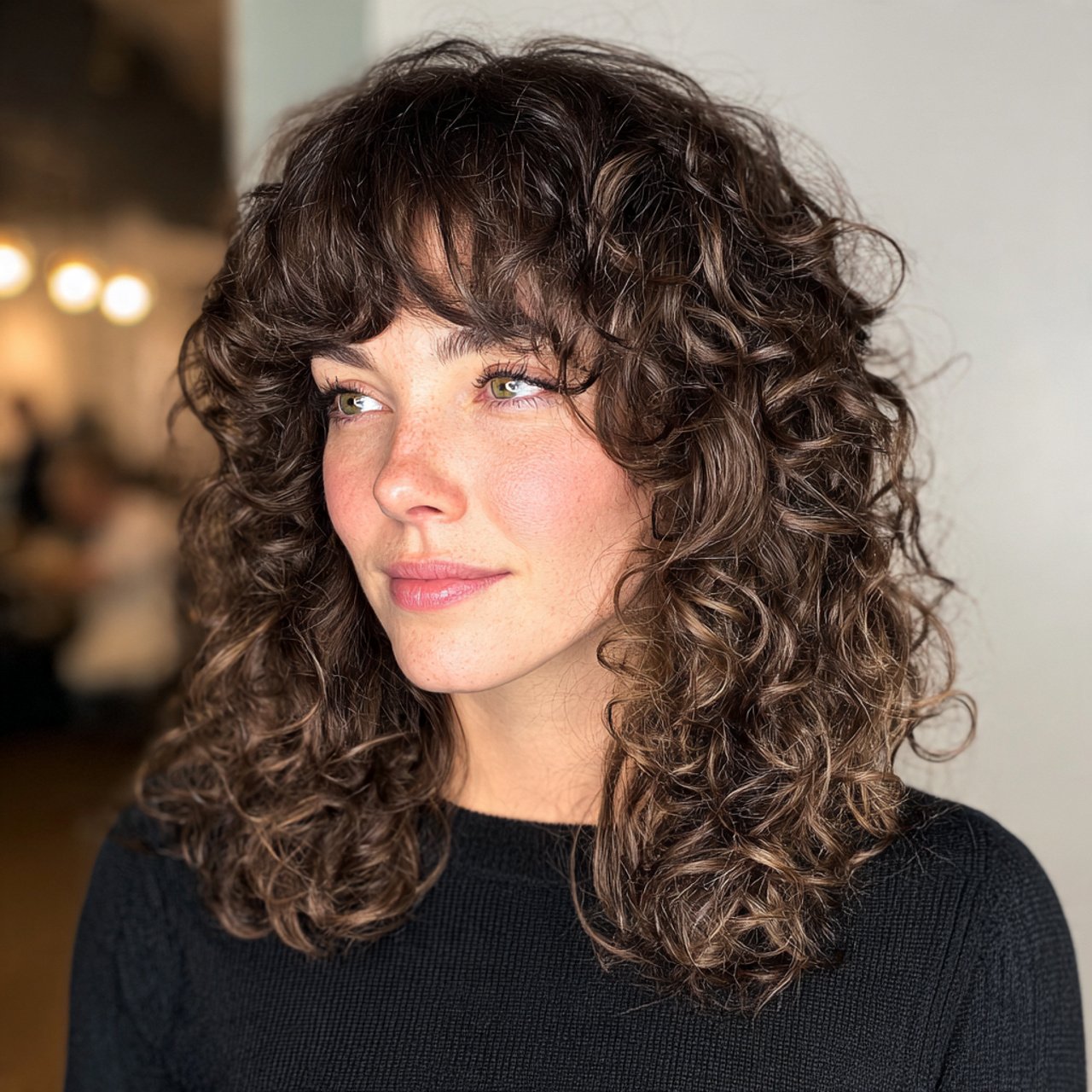 curly wolf cut hairstyle with curtain bangs single
