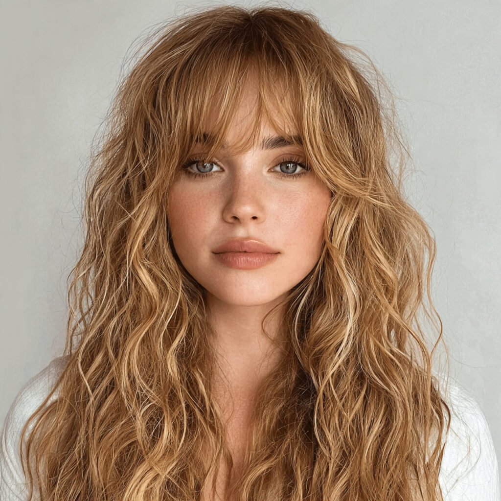 curtain bangs beach waves hairstyle