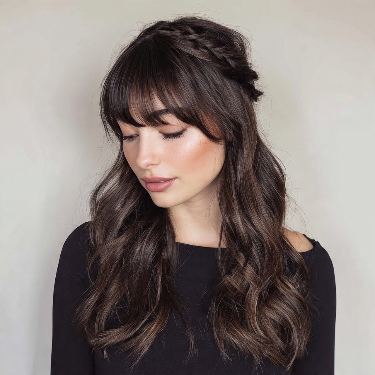 curtain bangs with half up hairstyle 1