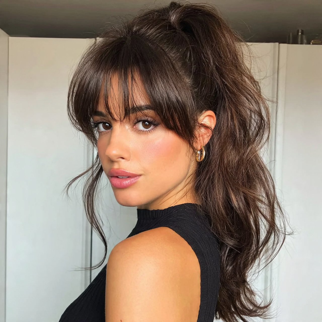 curtain bangs with high ponytail hairstyle