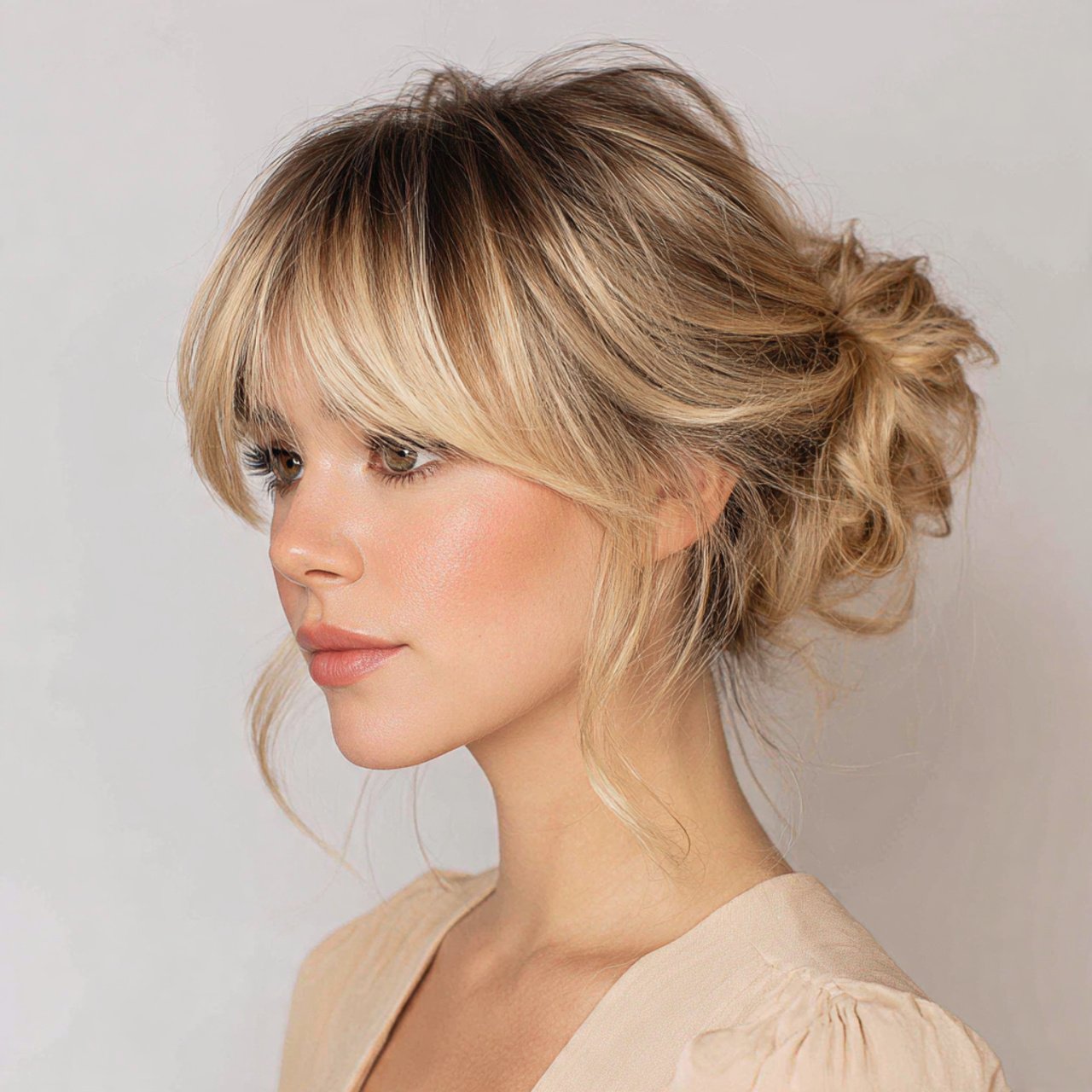 curtain bangs with loose bun hairstyle
