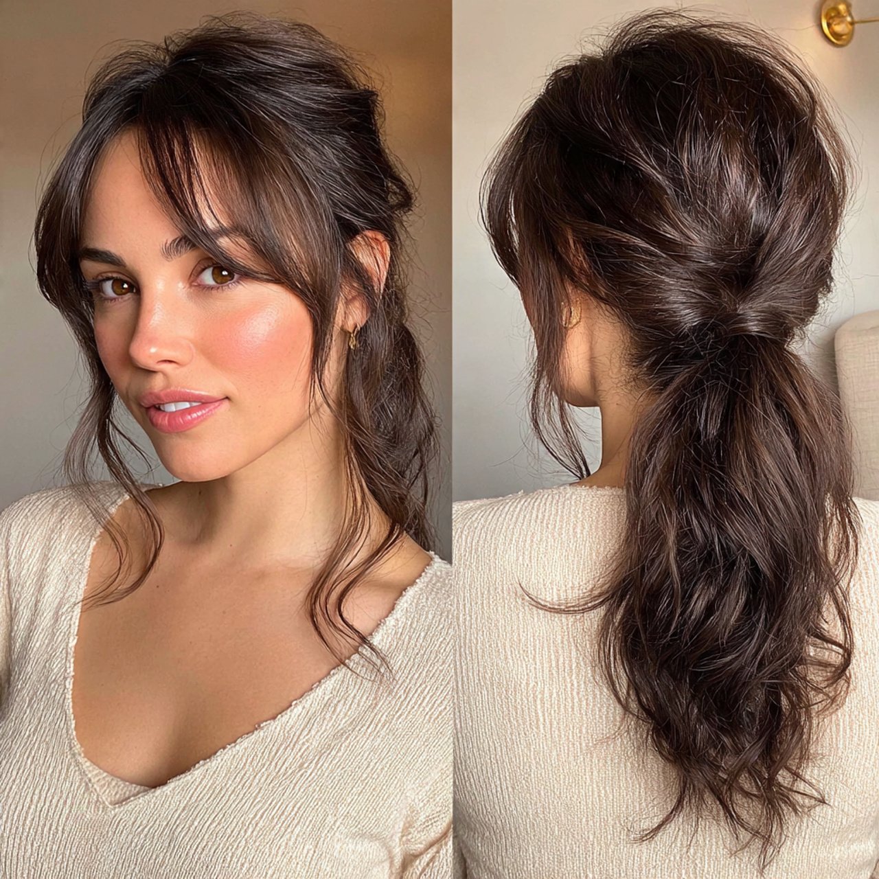 curtain bangs with low ponytail hairstyle