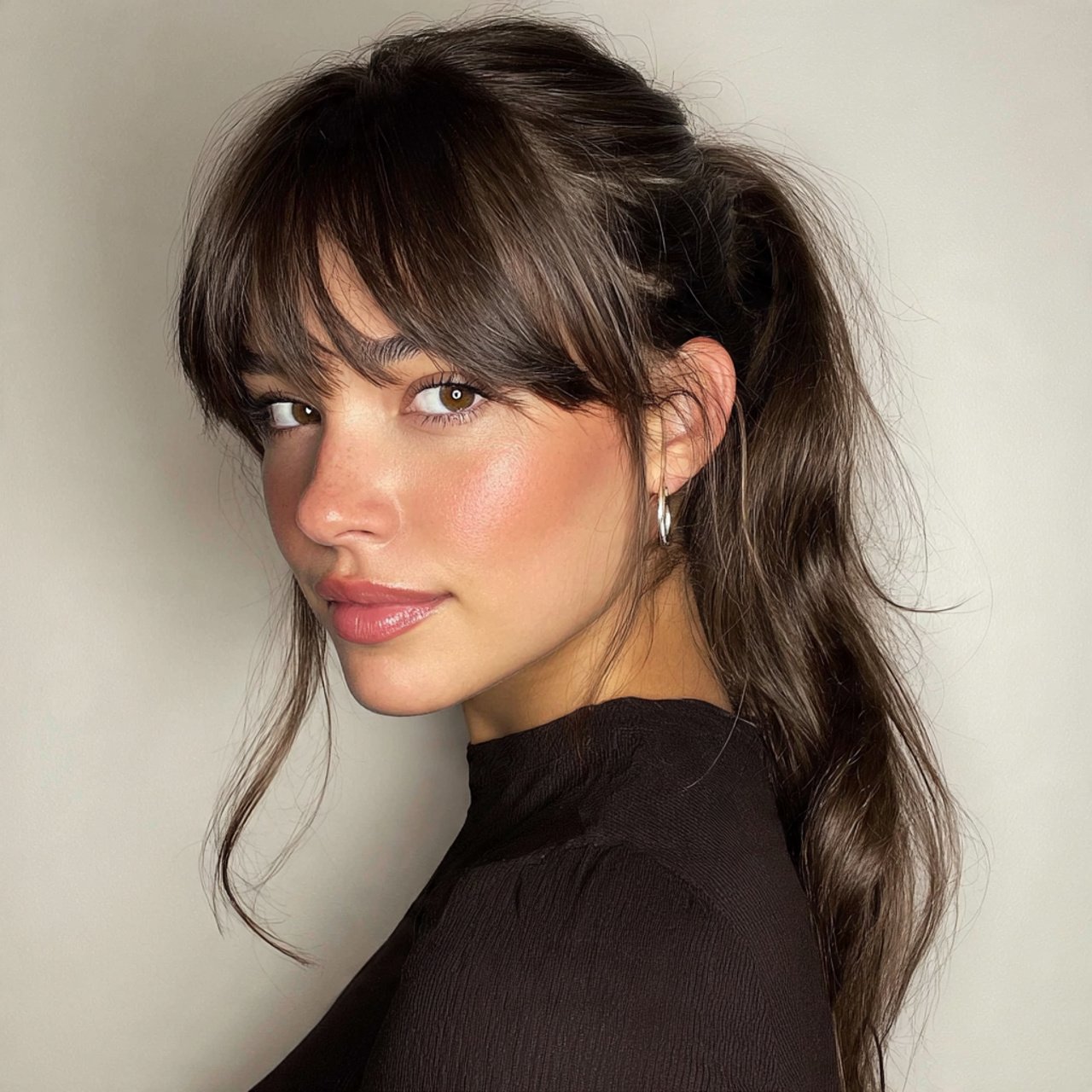 curtain bangs with ponytail hairstyle 1