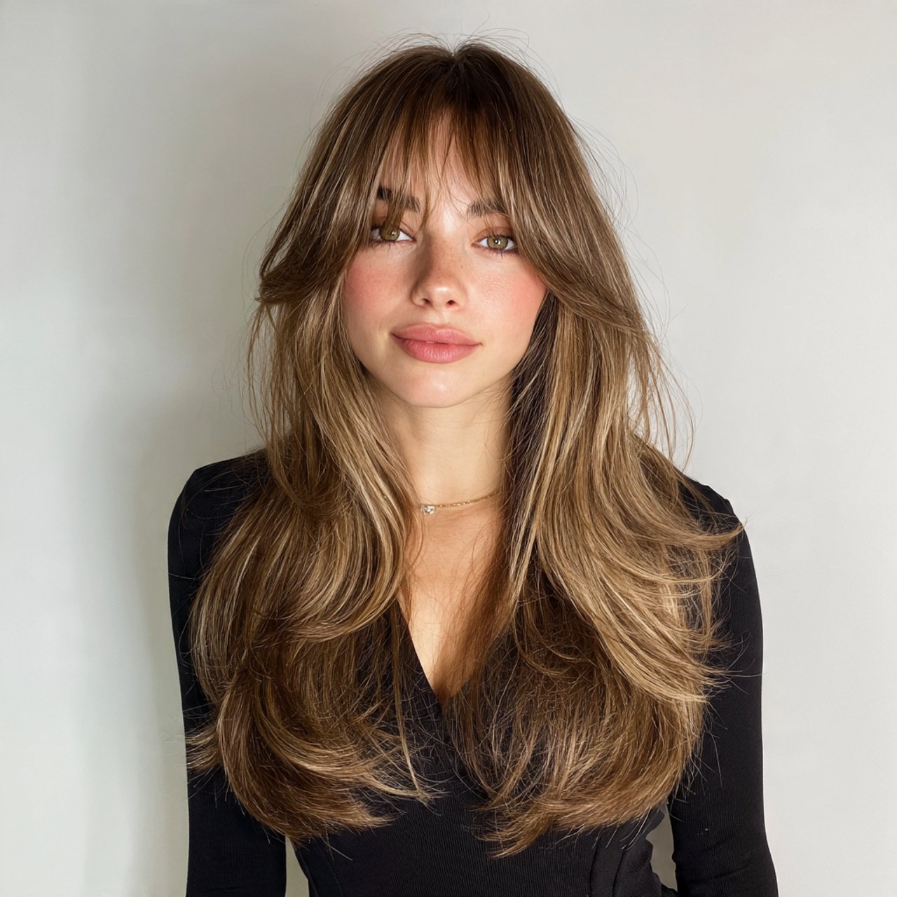 curtain hairbangs with long layers and highlights