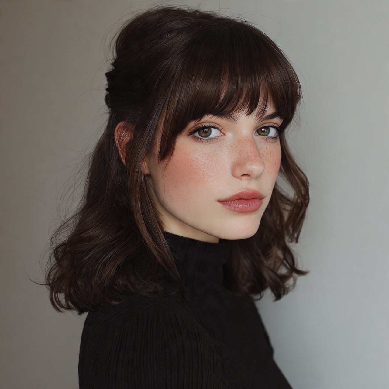 half up medium length hairstyle with curtain bangs