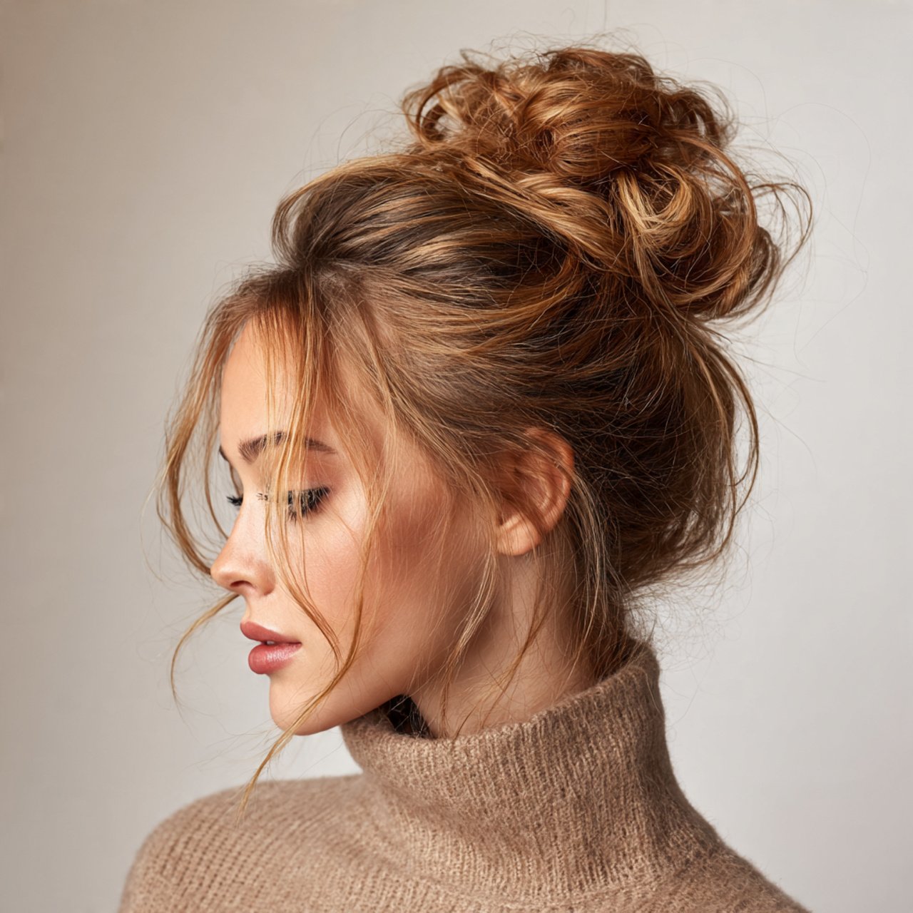 high messy bun hairstyle single woman with elegant