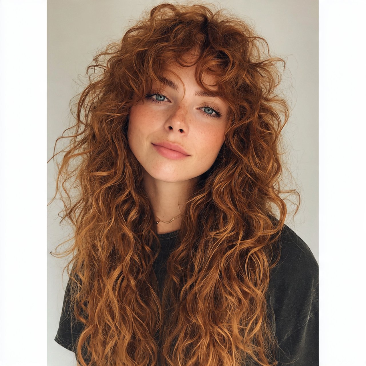 long curly curtain bangs hairstyle