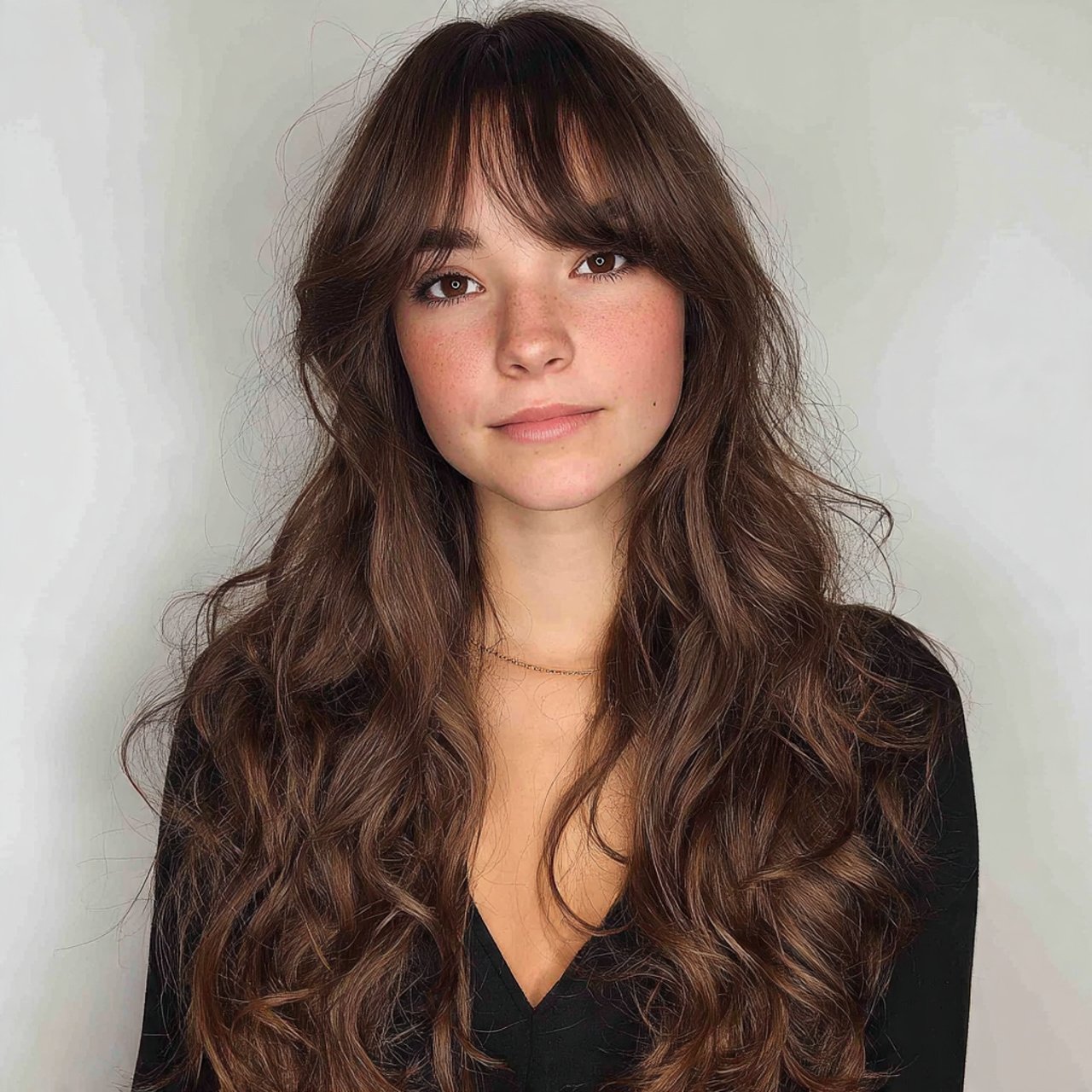 long curly hair with curtain bangs