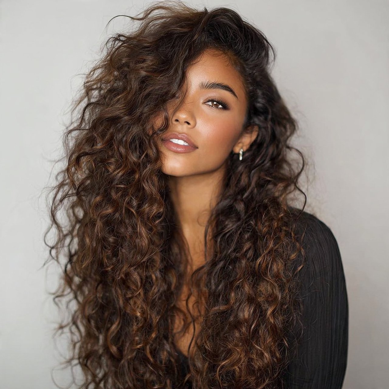 long curly hair with side part