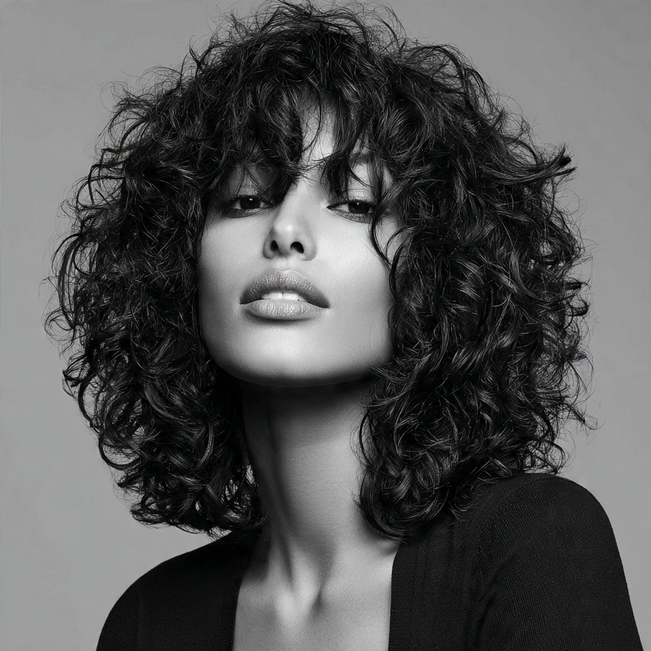 long curly wolf cut hairstyle single portrait phot