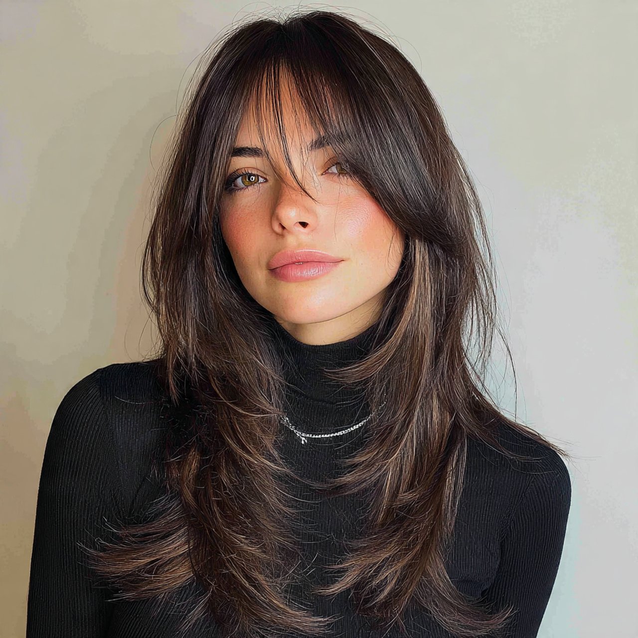 long curtain bangs layered hairstyle