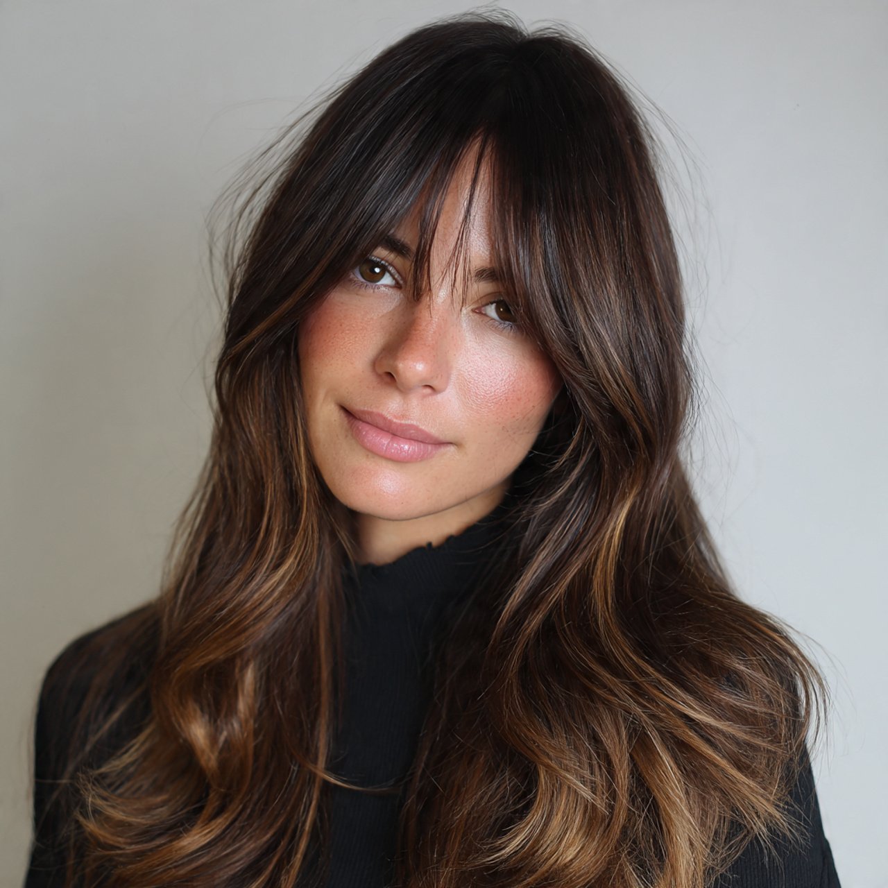 long hair with curtain bangs and balayage