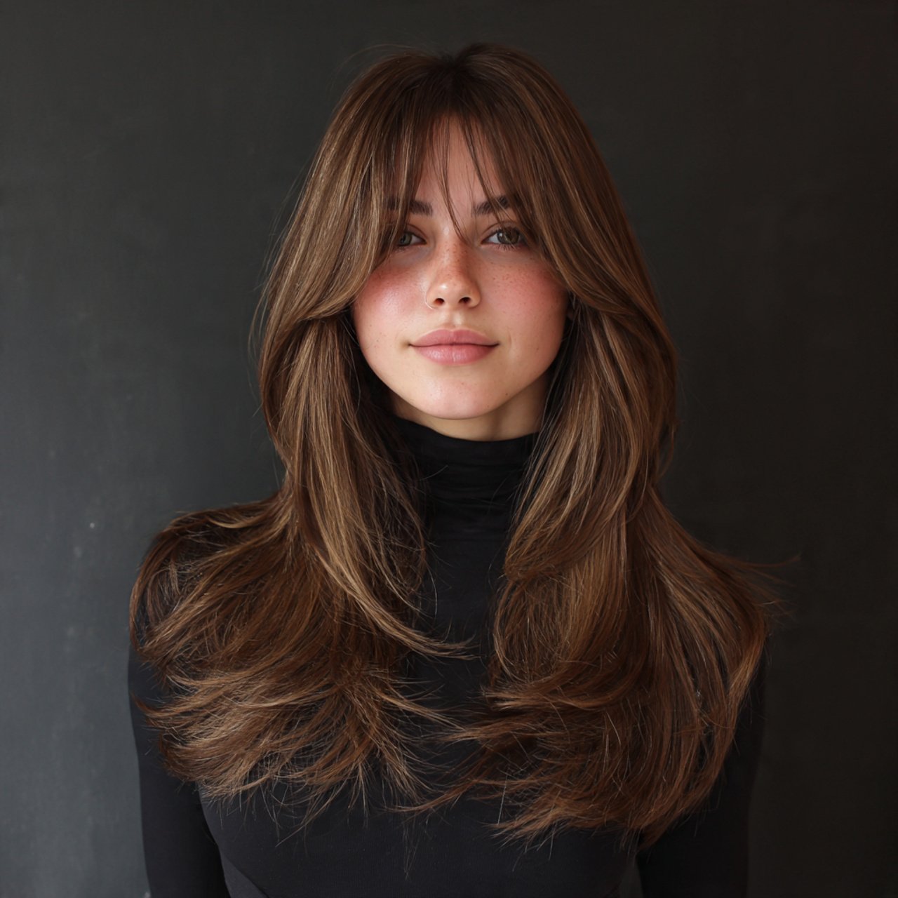 long hair with curtain bangs and face framing laye