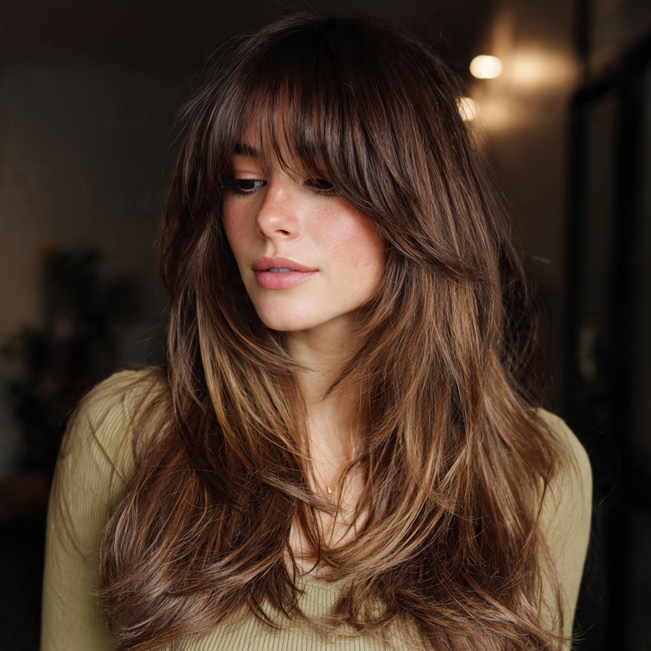 long wolf cut with curtain bangs hairstyle