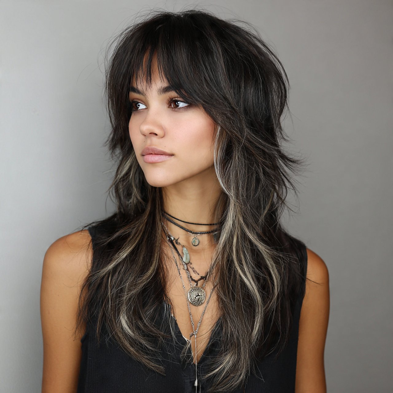 long wolf cut with subtle highlights