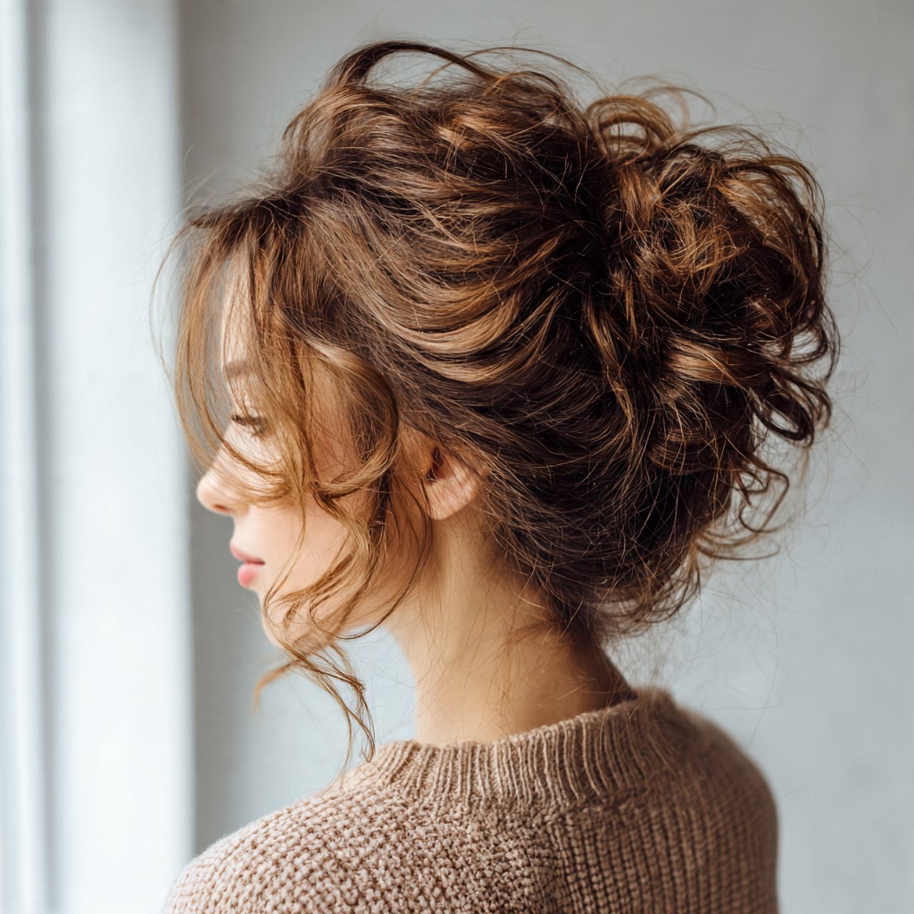 loose messy bun hairstyle for school casual and ne