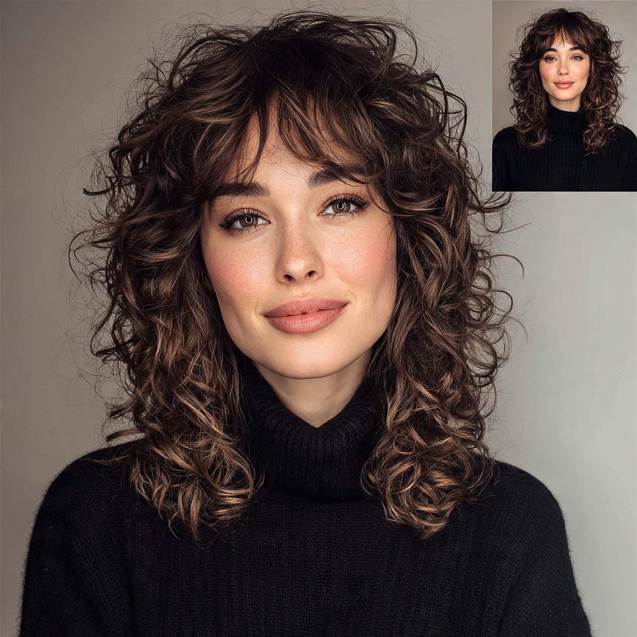 medium length curly curtain bangs hairstyle