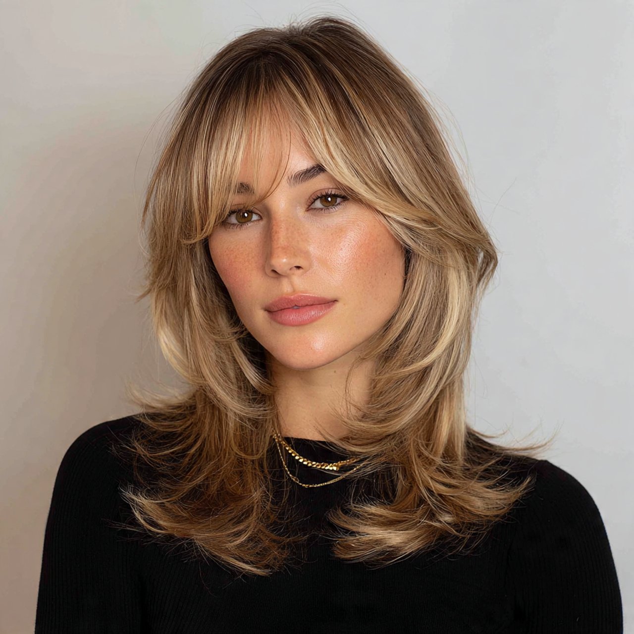 medium length hairstyle with curtain bangs and cur