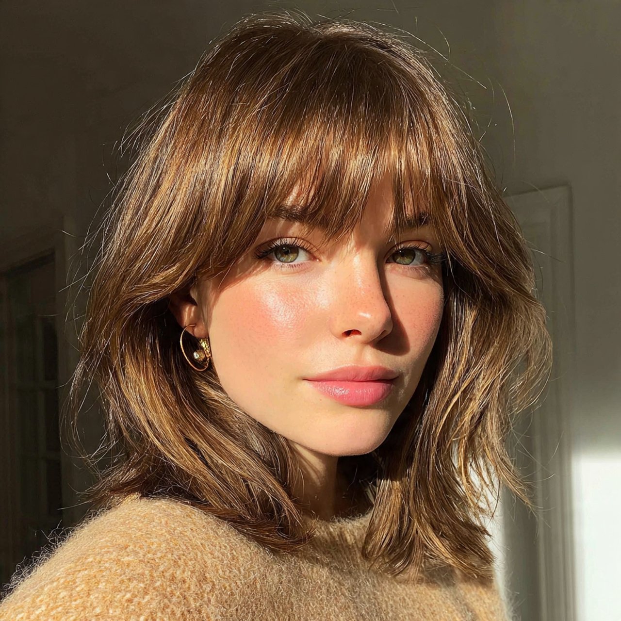 medium length hairstyle with curtain bangs and fac