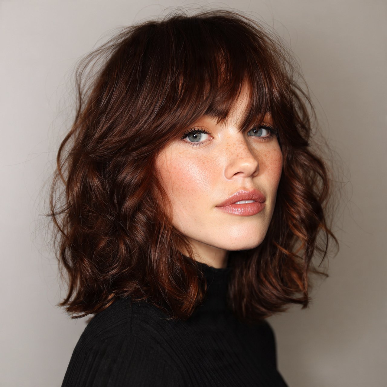 medium length hairstyle with curtain bangs and sof