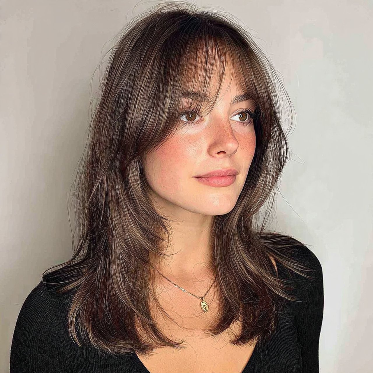 medium length hairstyle with curtain bangs and sub