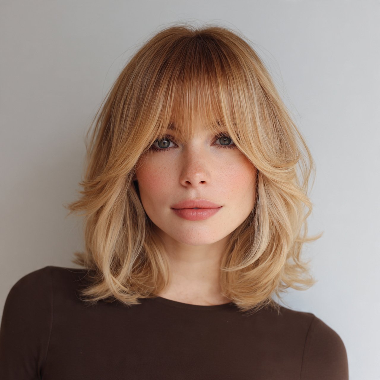 medium lob hairstyle with feathered curtain bangs