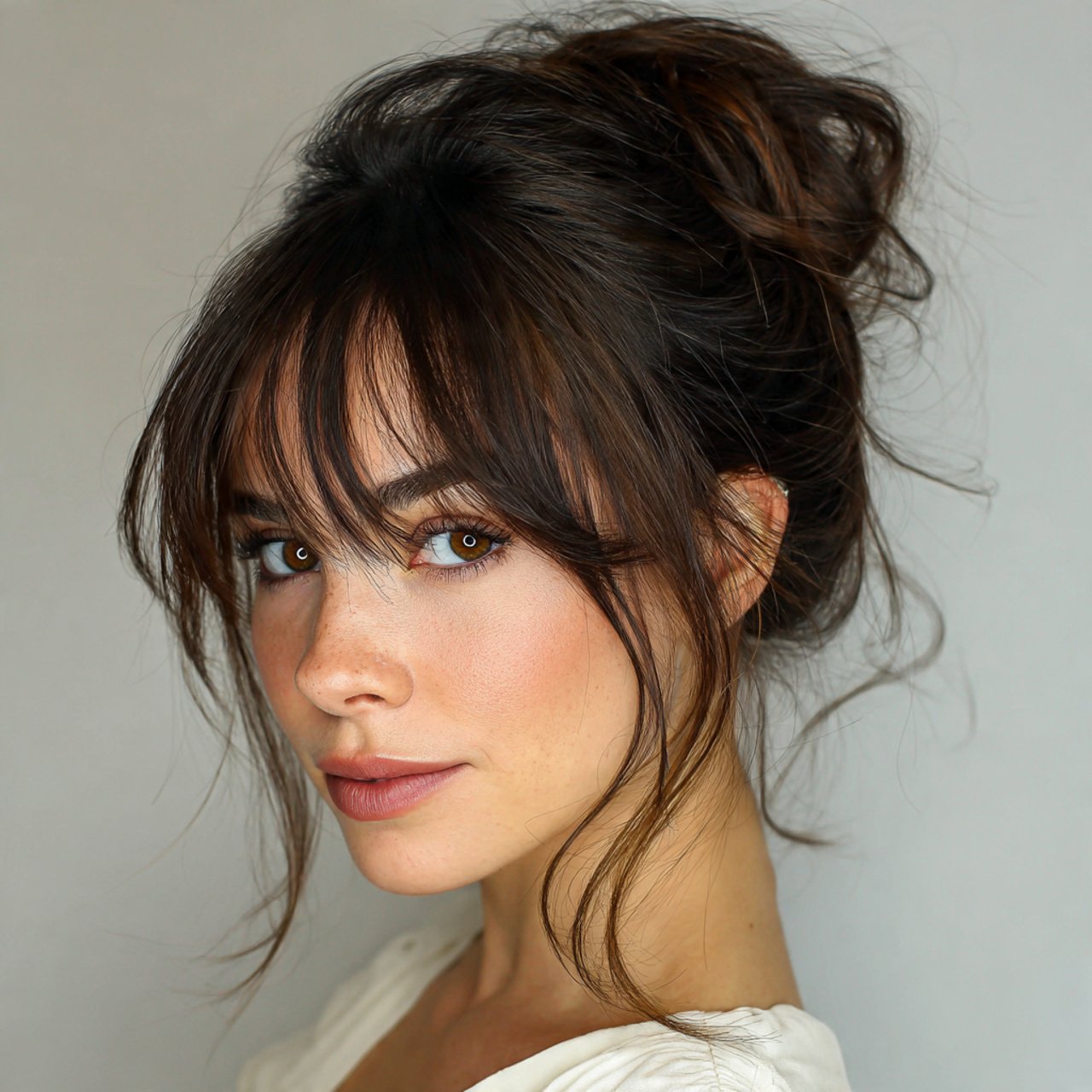 messy bun hairstyle with curtain bangs and medium