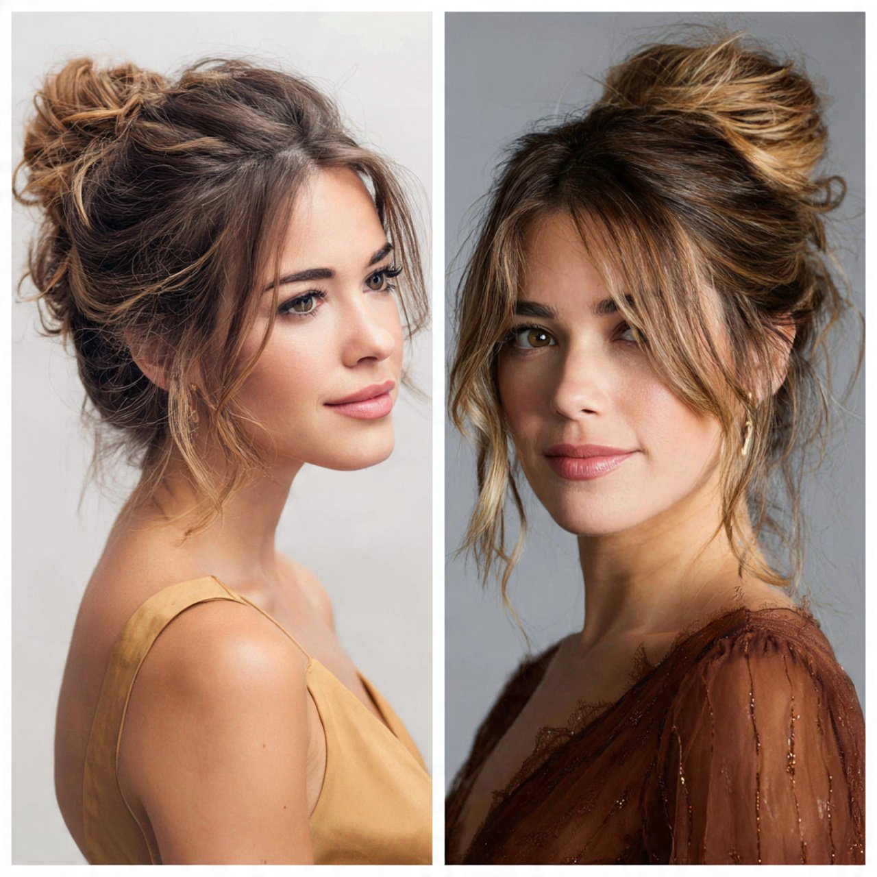 messy bun hairstyles with loose strands